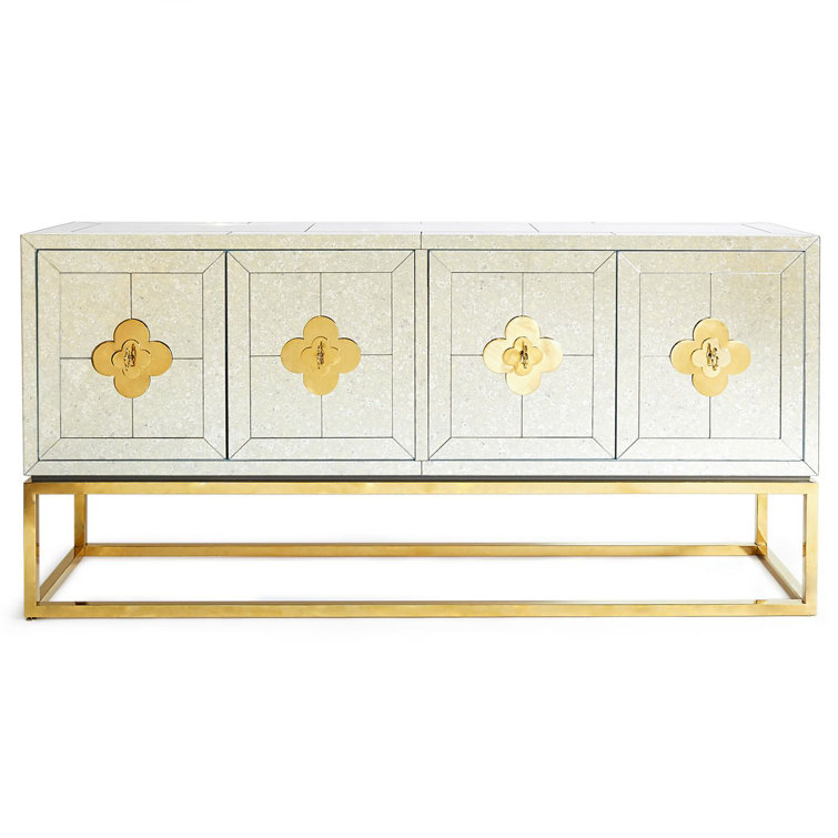 Antiqued Mirror and Brass Four-Door Credenza