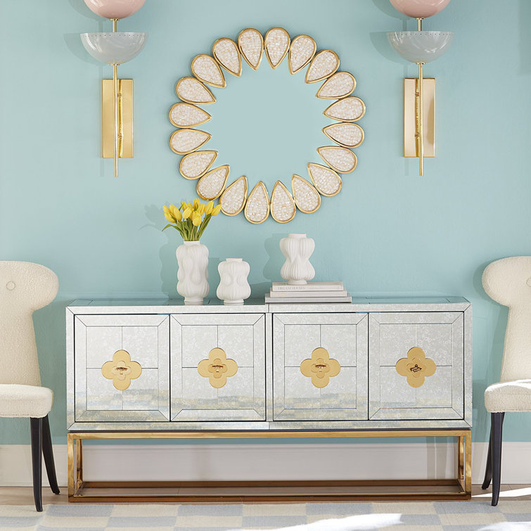 Antiqued Mirror and Brass Four-Door Credenza