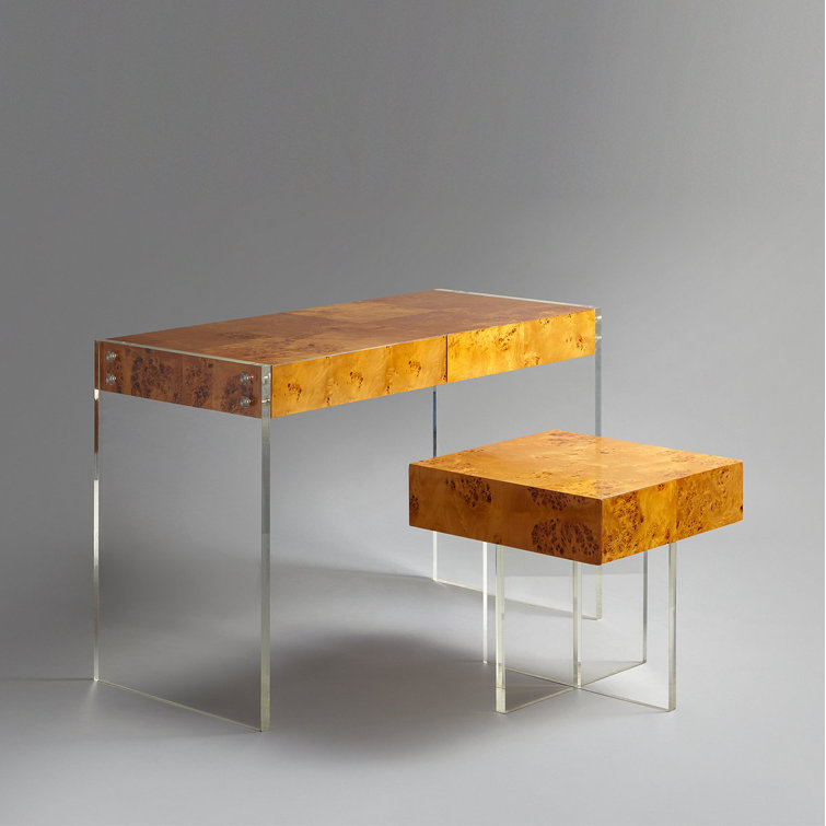 Burled Mappa Wood Desk with Acrylic Legs and Drawer