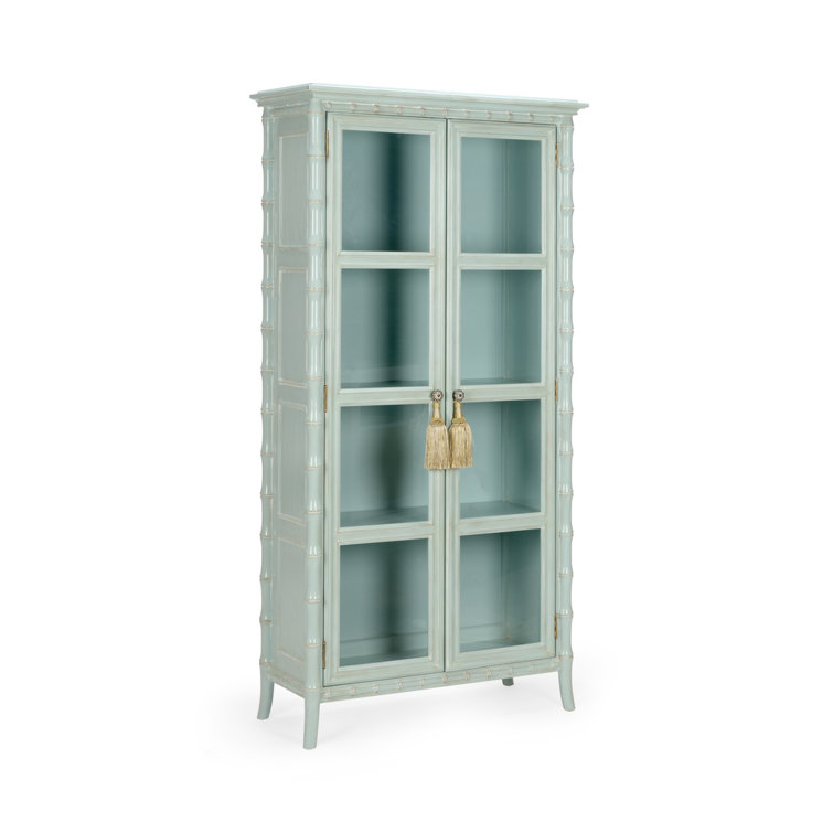 Yarmouth Blue and Whitewashed Bamboo Linen Cabinet with Glass Doors