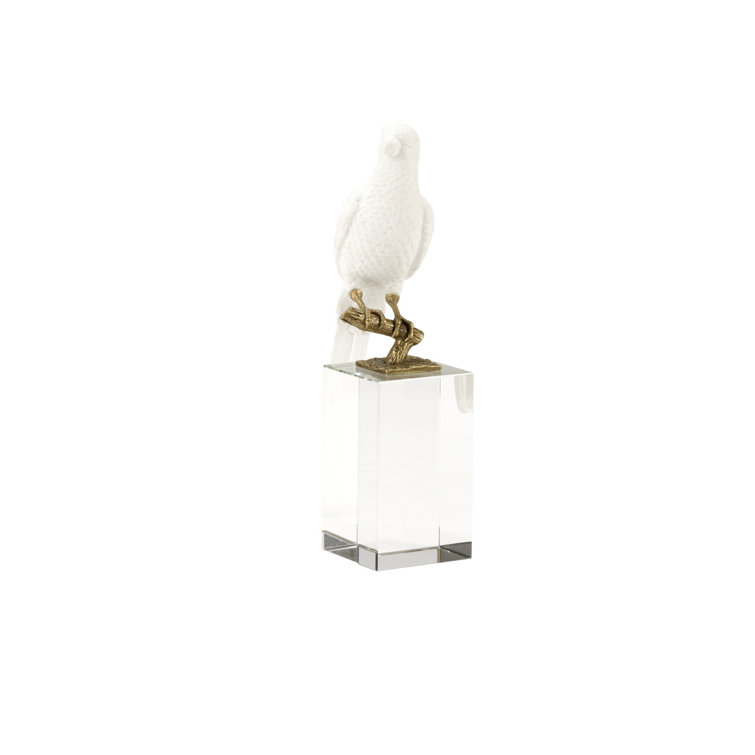 White Ceramic Parrot Figurine on Crystal Base with Antique Brass Accents