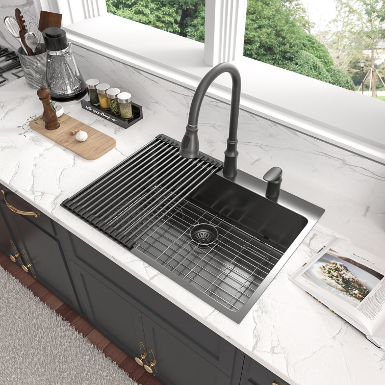 28" Gunmetal Black Stainless Steel Single Bowl Drop-In Kitchen Sink