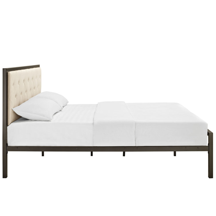 Beige Tufted Upholstered King Bed with Metal Frame