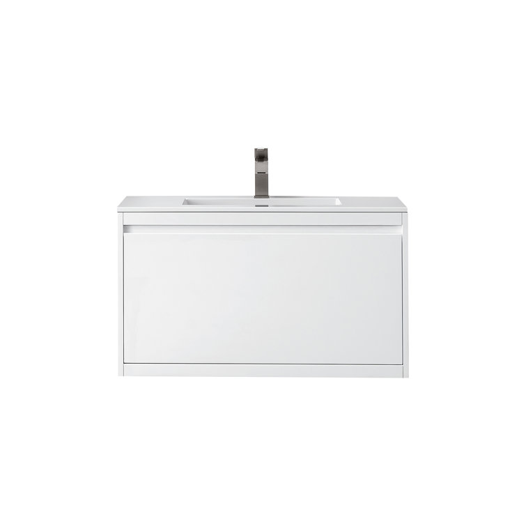 Glossy White 35.4" Wall-Mount Single Bathroom Vanity with Mineral Composite Sink