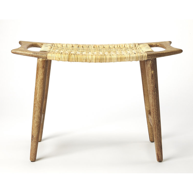 Natural Mango Wood and Woven Rattan Footstool