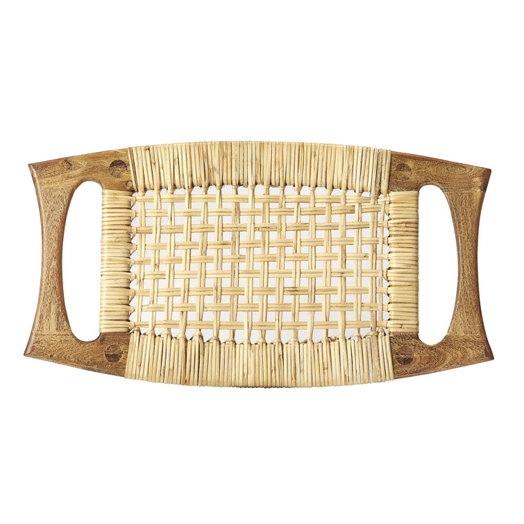 Natural Mango Wood and Woven Rattan Footstool