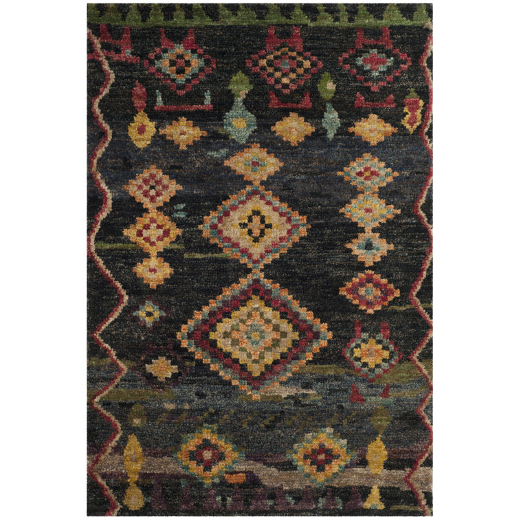 Hand-Knotted Black Wool and Viscose Geometric Rug, 4' x 6'