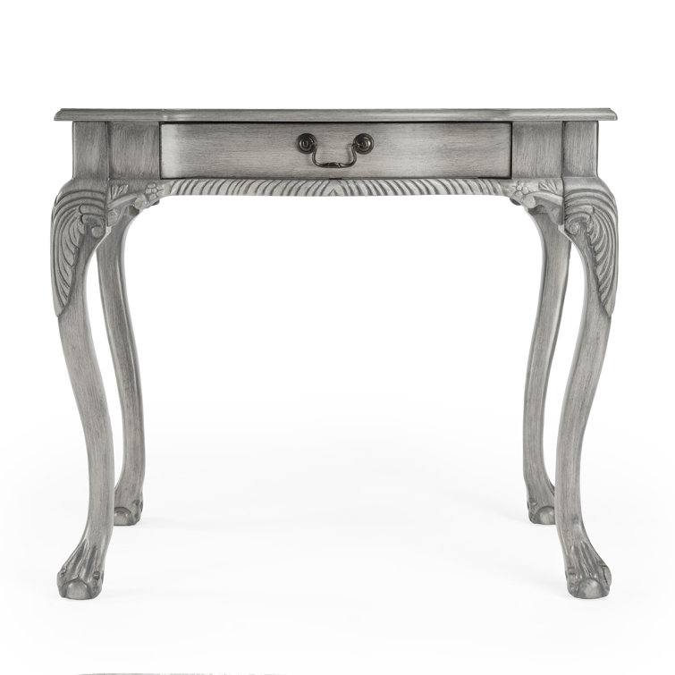 Dupree Solid Wood Carved Gray Writing Desk with Drawer