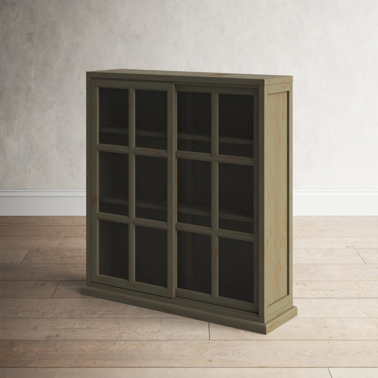Transitional Gray Elm Wood 3-Tier Bookcase with Glass Doors
