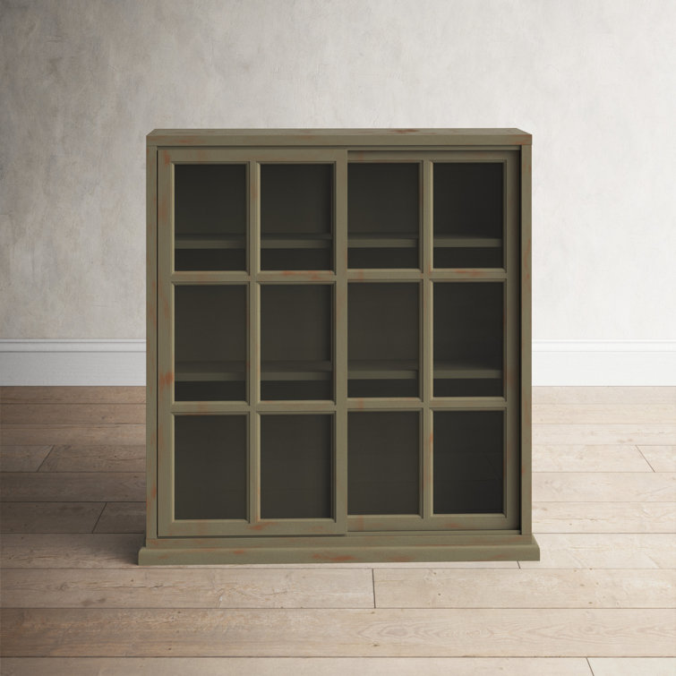 Transitional Gray Elm Wood 3-Tier Bookcase with Glass Doors