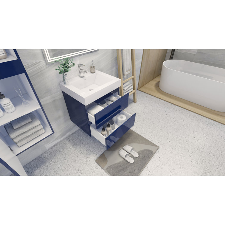 24" High Gloss White and Blue Wall-Mounted Single Bathroom Vanity