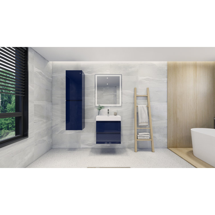 24" High Gloss White and Blue Wall-Mounted Single Bathroom Vanity