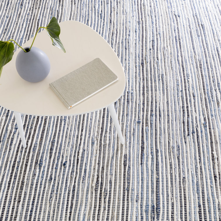 Blue and White Handwoven Cotton Stripe Rug, 3'0"x5'0"