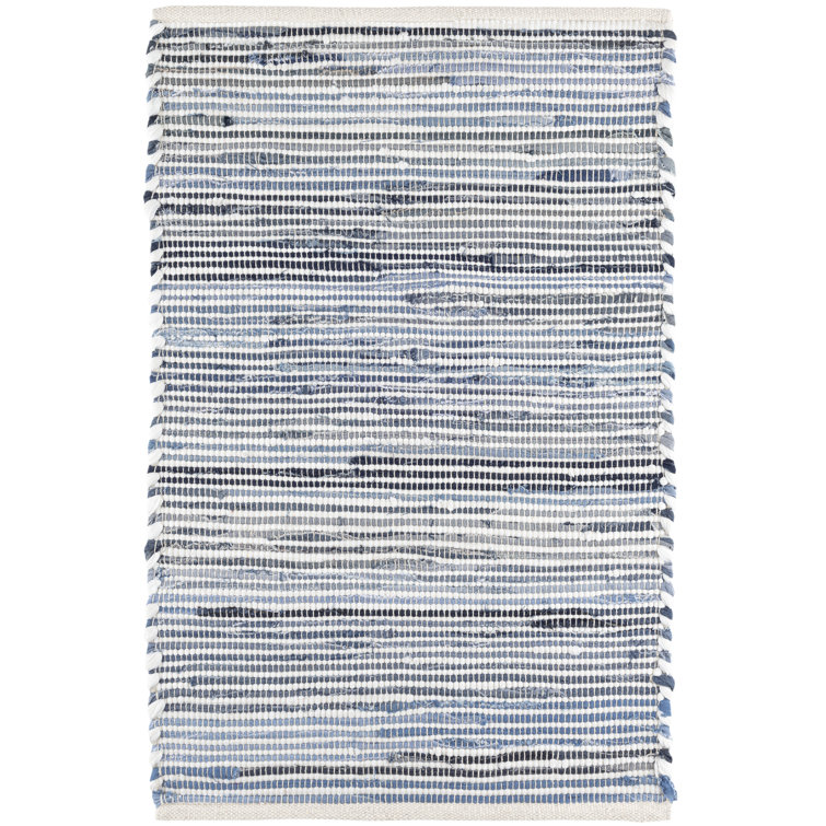 Blue and White Handwoven Cotton Stripe Rug, 3'0"x5'0"