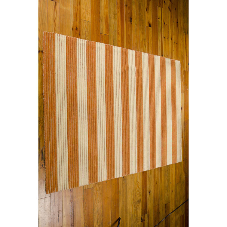 Handmade Pumpkin and Beige Wool Striped Runner Rug