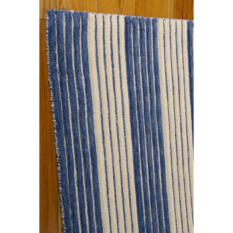 Midnight Blue and Beige Wool Stripe Flat Woven Area Rug