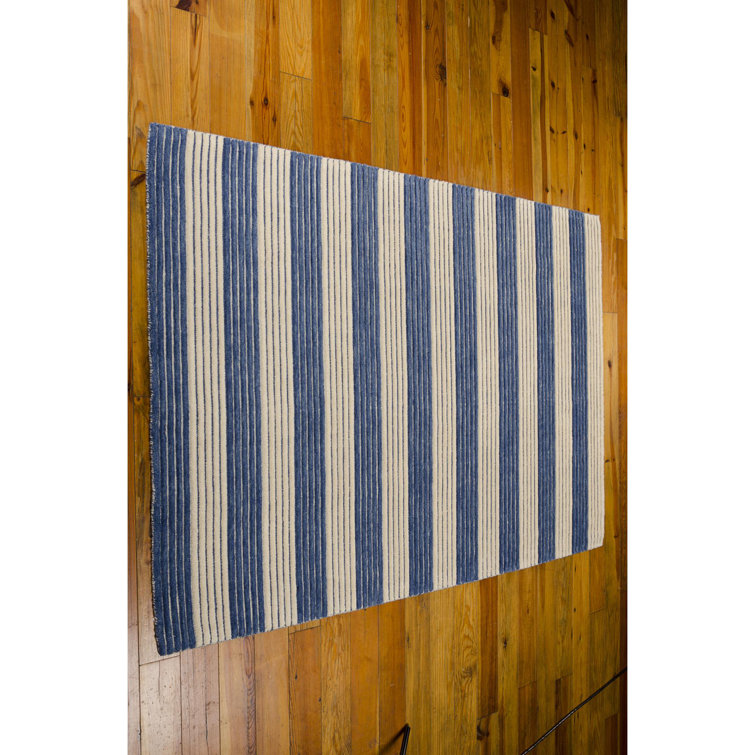 Midnight Blue and Beige Wool Stripe Flat Woven Area Rug