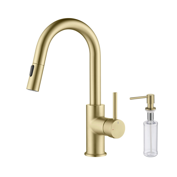 Brushed Gold Solid Brass Pull Down Kitchen Faucet with Soap Dispenser