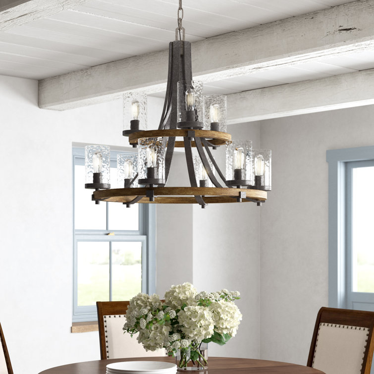 Distressed Weathered Oak and Slate Gray Metal 9-Light Tiered Chandelier