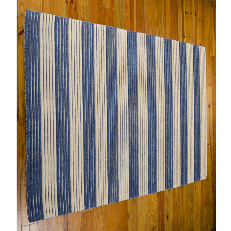 Midnight Blue and Beige Wool Stripe Flat Woven Area Rug