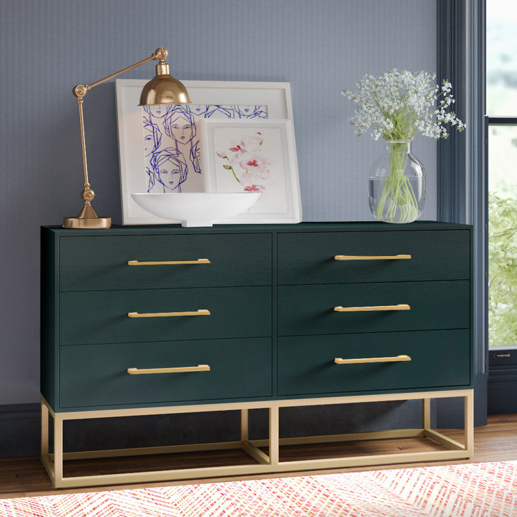Estelle Transitional Teal 6-Drawer Dresser with Brass Accents