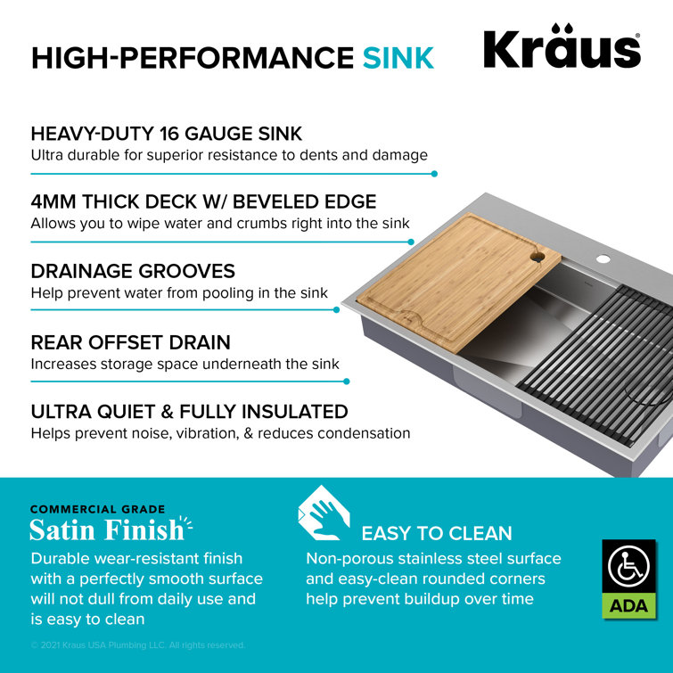 Kore ADA 33-Inch Stainless Steel Single Bowl Kitchen Sink with Accessories