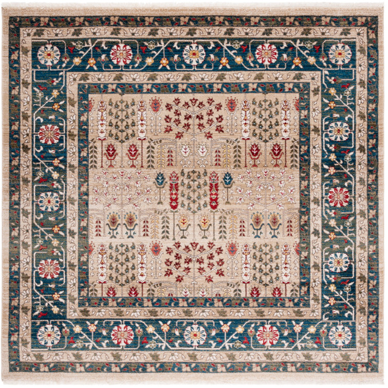 Square Beige and Navy Hand-Knotted Wool Oriental Rug