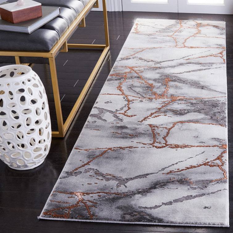 Gray and Orange Abstract Synthetic Runner Rug, 2'3" x 10'