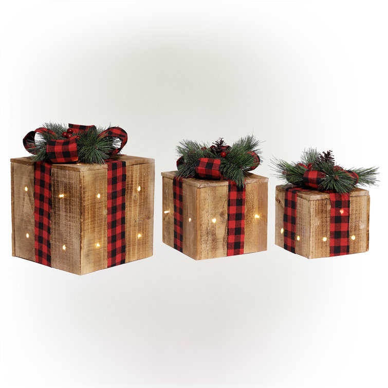 Rustic Wooden Christmas Gift Box Set with LED Lights