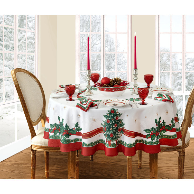 Holiday White and Red Oval Fabric Tablecloth with Christmas Print