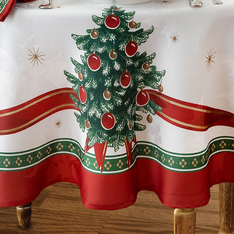 Holiday White and Red Oval Fabric Tablecloth with Christmas Print