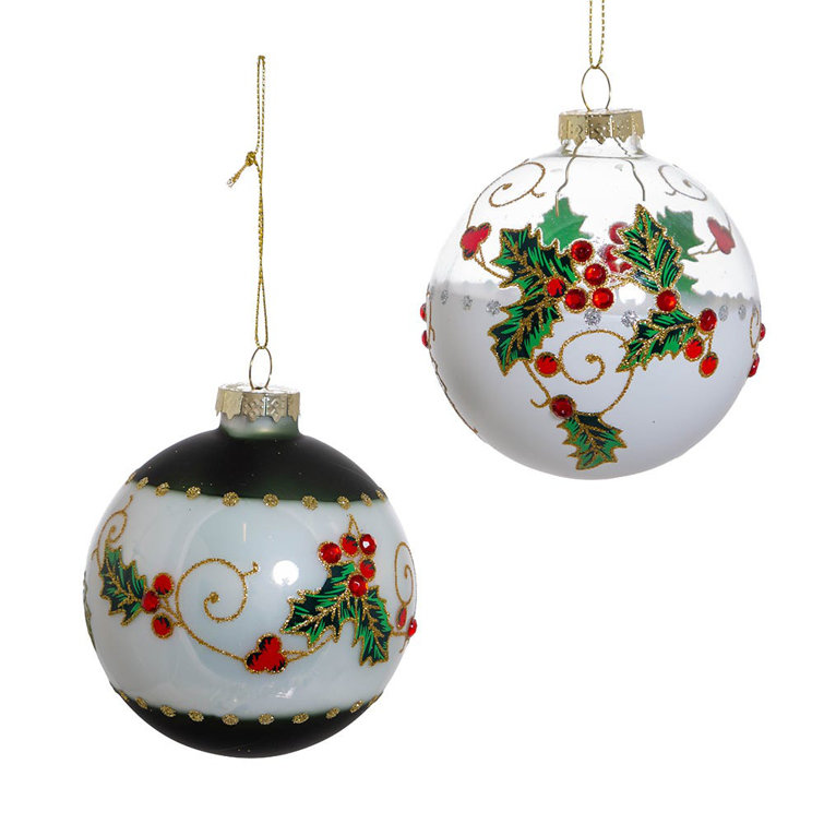 80MM White Glass Holly Leaves and Berries Ornament Set
