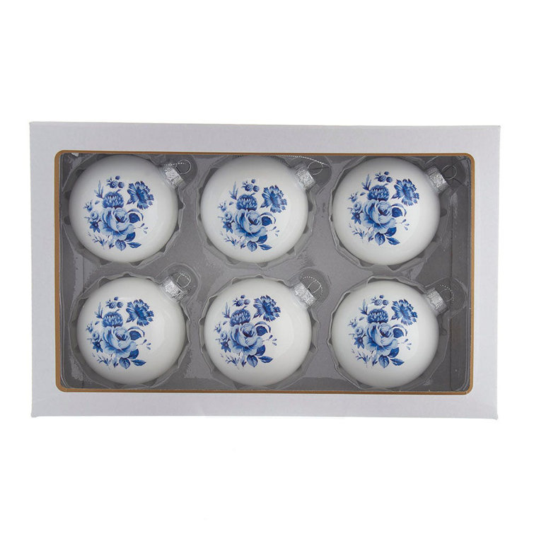 Delft Blue Floral Glass Ball Christmas Ornaments, Set of 6