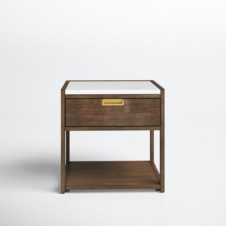 Transitional Dark Chocolate 1-Drawer Nightstand with White Marble Top