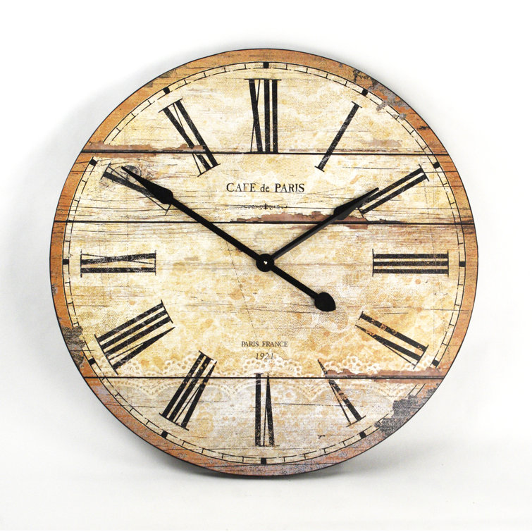 Antique Taupe Distressed Wood Round Wall Clock with Roman Numerals