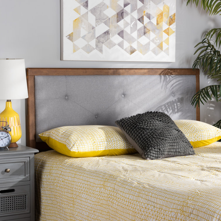 Light Gray and Walnut Brown Tufted Upholstered Queen Headboard