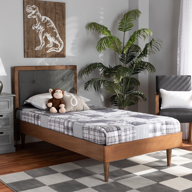 Twin Walnut Brown and Dark Gray Upholstered Platform Bed