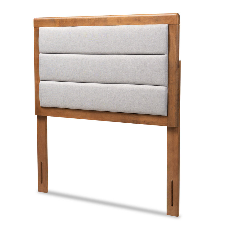 Light Gray Upholstered Twin Headboard with Walnut Wood Frame
