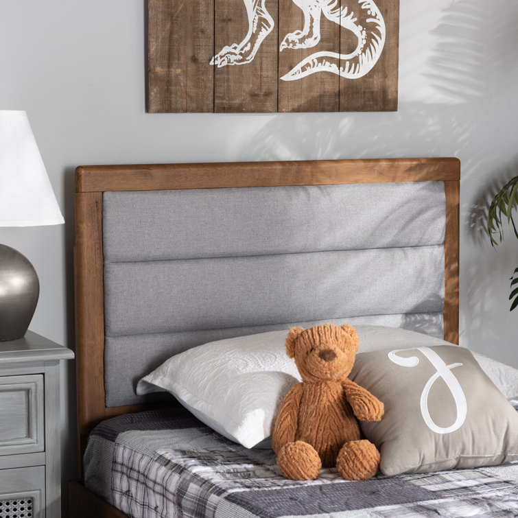 Light Gray Upholstered Twin Headboard with Walnut Wood Frame