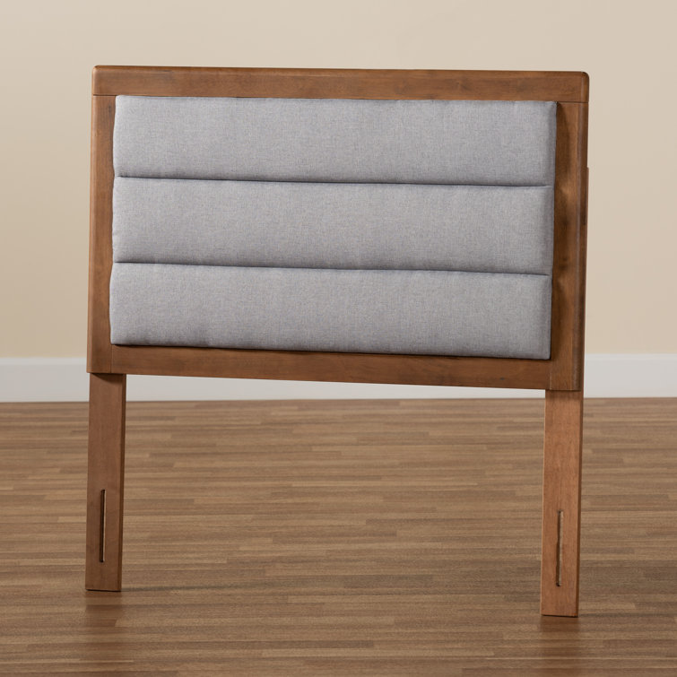 Light Gray Upholstered Twin Headboard with Walnut Wood Frame
