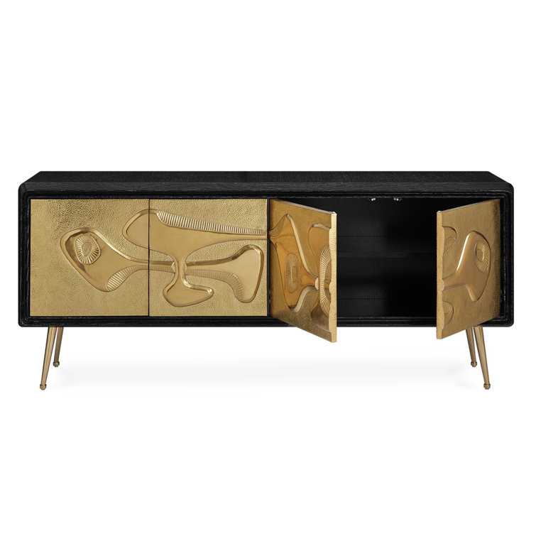 Brutalist Inspired Black and Brass Hand-Hammered Credenza
