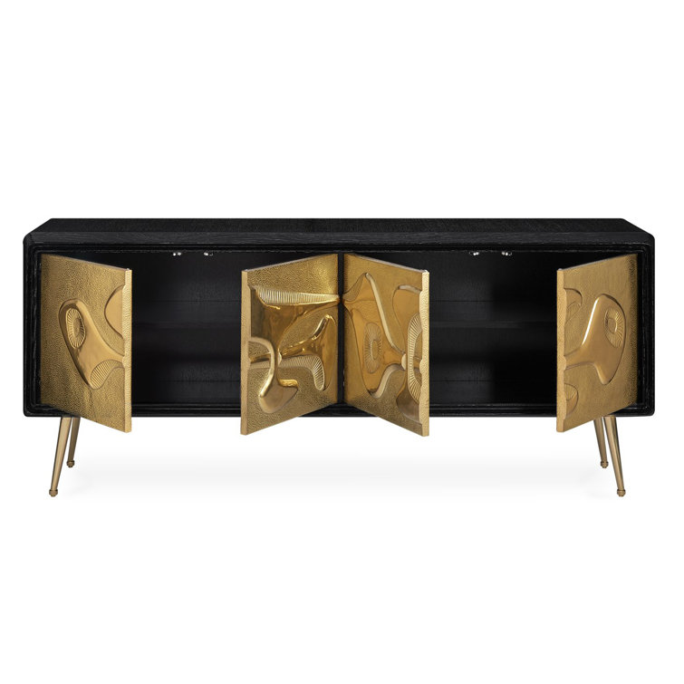 Brutalist Inspired Black and Brass Hand-Hammered Credenza
