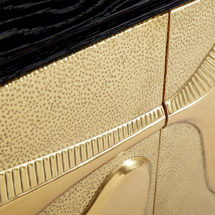 Brutalist Inspired Black and Brass Hand-Hammered Credenza
