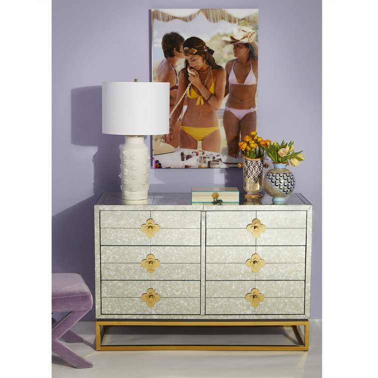 Delphine Antiqued Mirror & Brass Six-Drawer Mid-Century Credenza