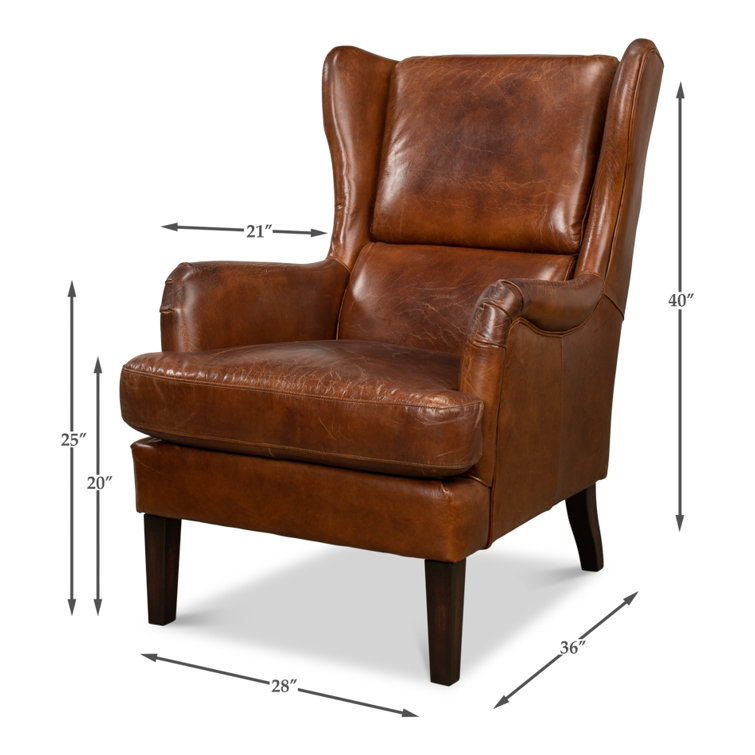 Elite Dark Brown Genuine Leather Wingback Chair with Wooden Legs
