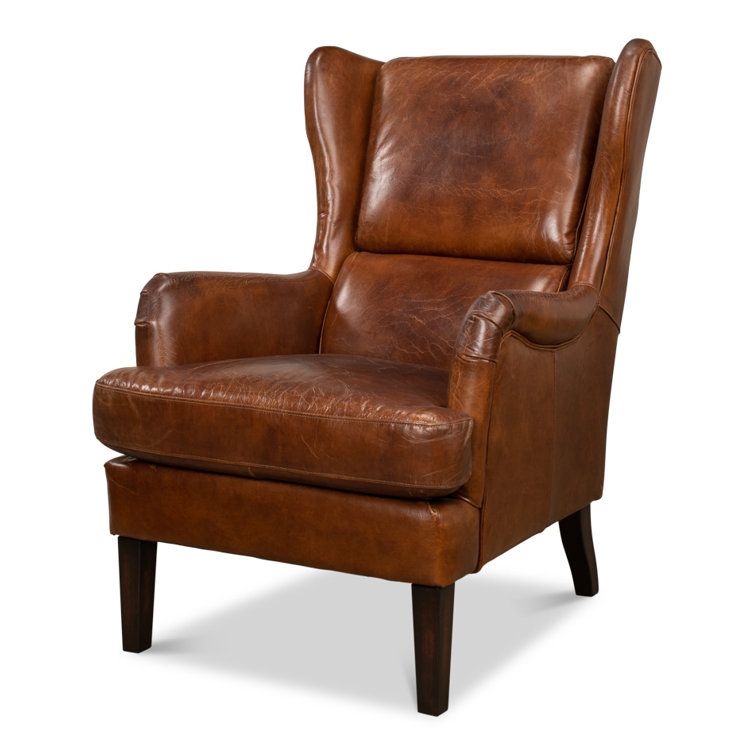 Elite Dark Brown Genuine Leather Wingback Chair with Wooden Legs