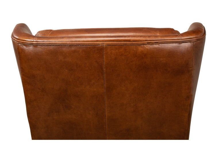 Elite Dark Brown Genuine Leather Wingback Chair with Wooden Legs