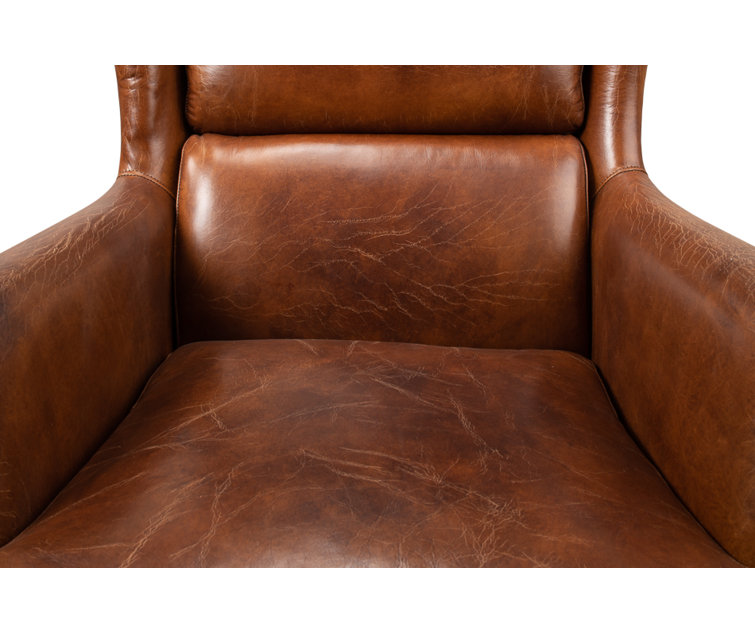 Elite Dark Brown Genuine Leather Wingback Chair with Wooden Legs