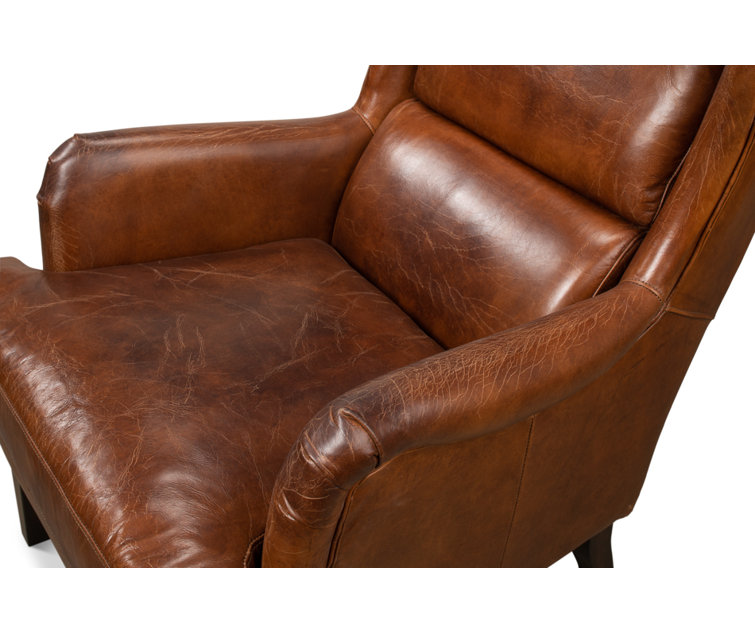 Elite Dark Brown Genuine Leather Wingback Chair with Wooden Legs