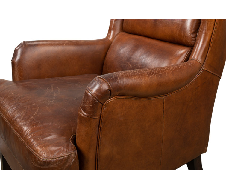 Elite Dark Brown Genuine Leather Wingback Chair with Wooden Legs